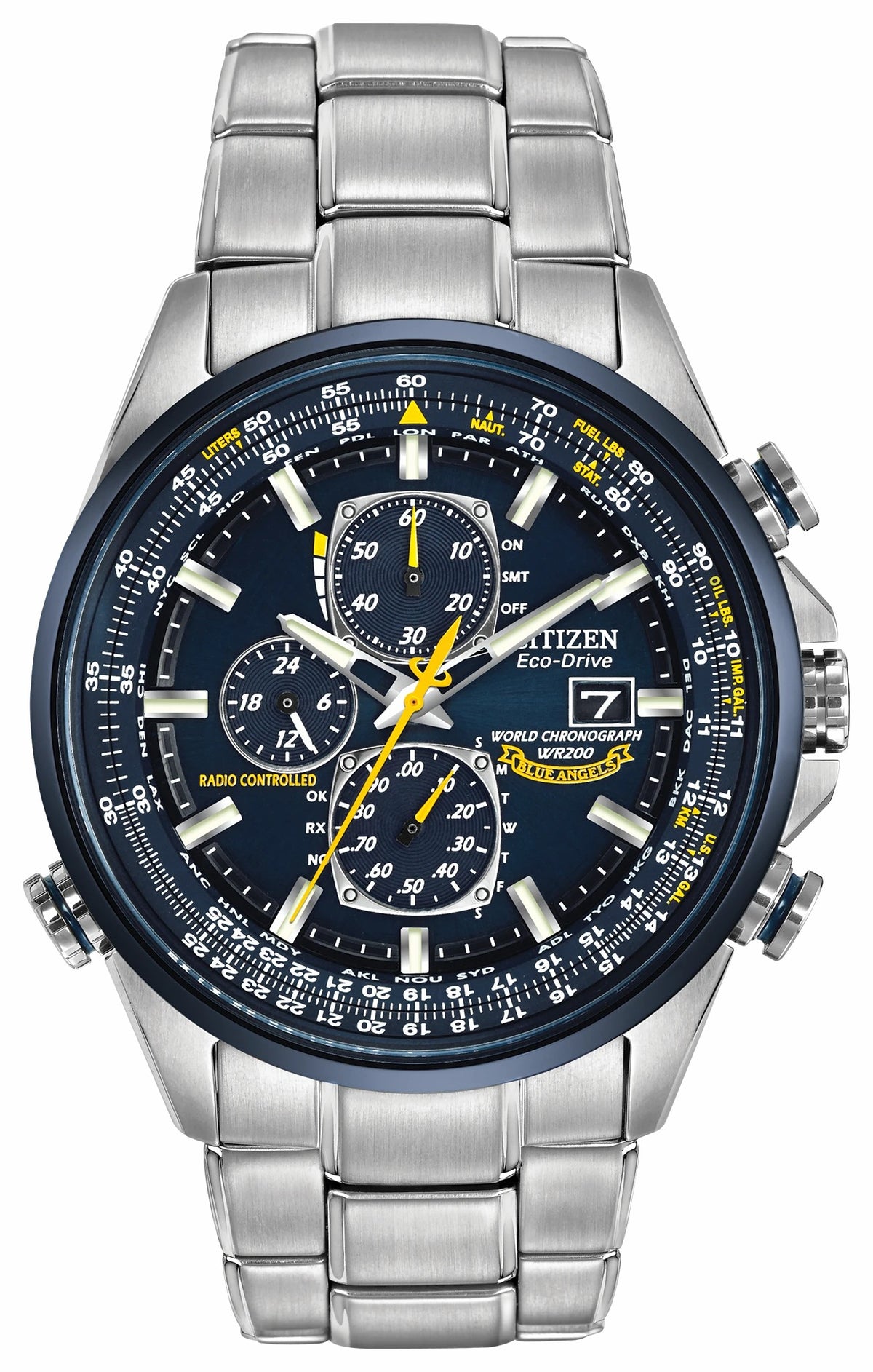 World Chronograph A-T - Men's Eco-Drive Steel Blue Dial Watch - Citizen Classic