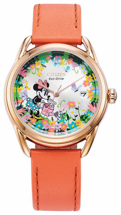 Gardening Minnie Silver-Tone Dial Leather Strap FE6087-04W - Citizen New