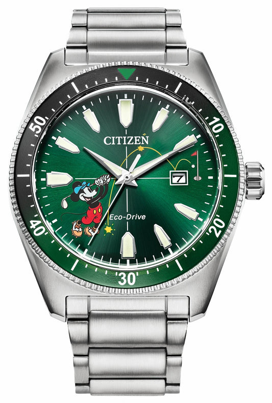 Tee Time Mickey Green Dial Stainless Steel Bracelet AW1595-78W - Citizen Top Pick