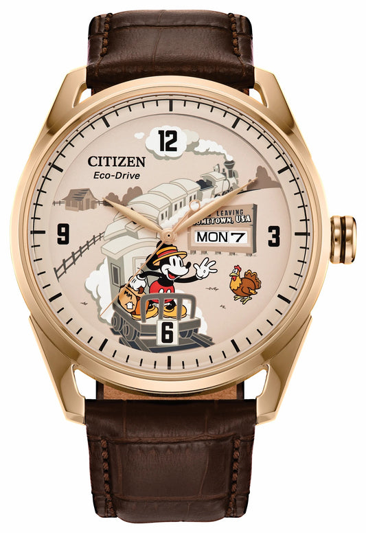Hometown Mickey Mouse Beige Dial Leather Strap AW0088-04W - Citizen Discount