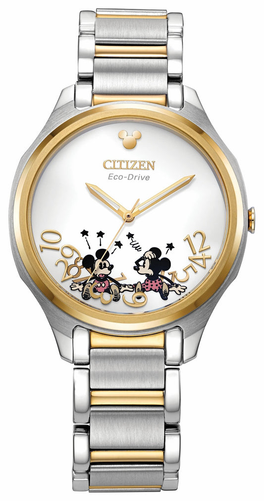 Falling Mickey & Minnie Silver-Tone Dial Stainless Steel Bracelet EM0754-59W - Citizen Trusted